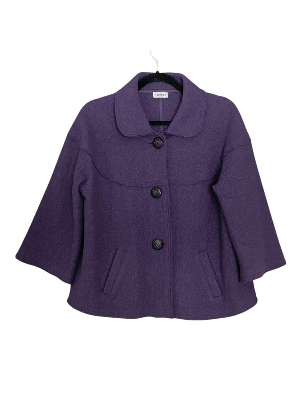 GELCO Wool Button Front Cropped Jacket Wide Sleeves Purple 16 UK